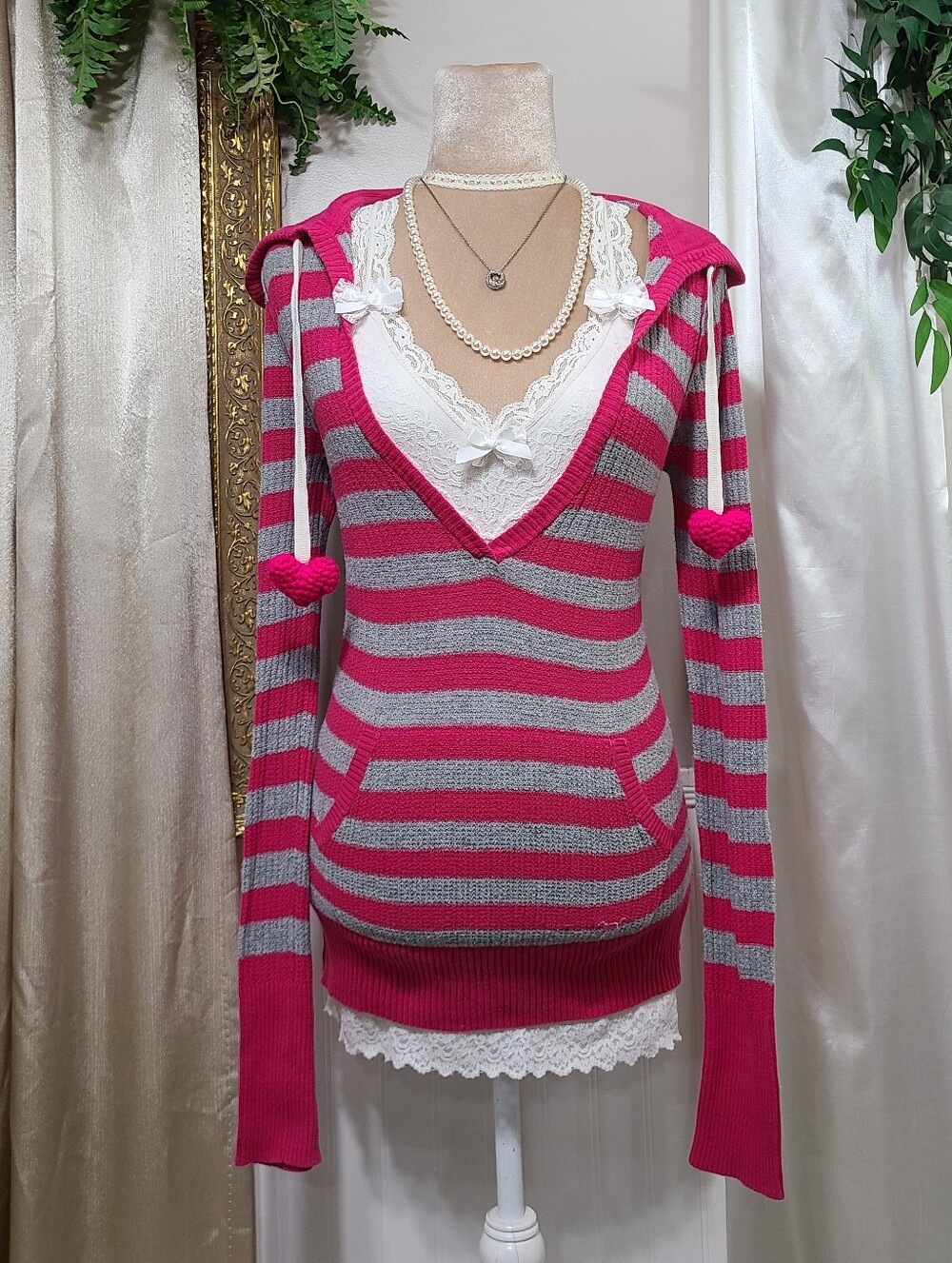 ♡ Y2K ♡ VS PINK Striped Heart Hooded Babydoll Sweater Kangaroo Pocket Top